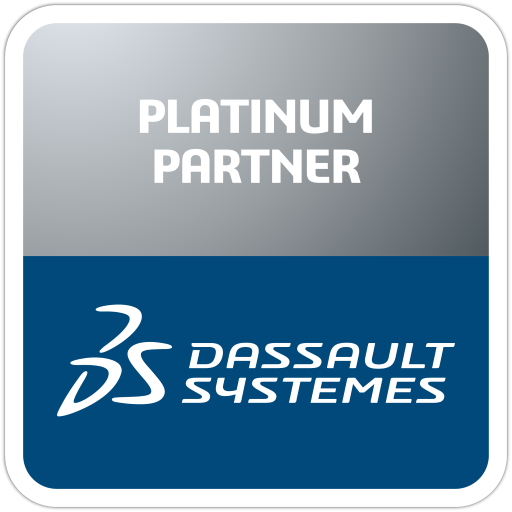 A square logo with the words platinum partner and dassault systemes.